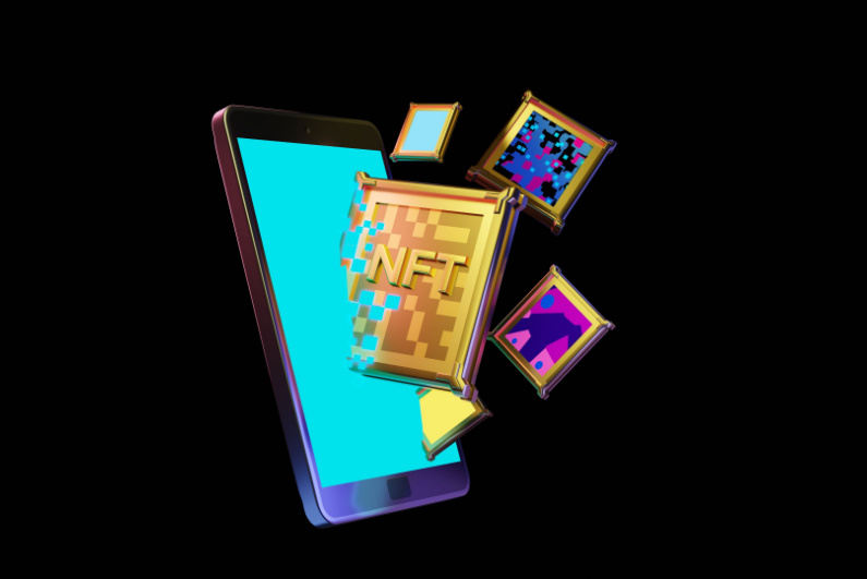 NFT, a 3D rendering of a smartphone concept