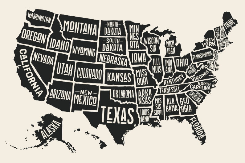 Map of the United States with the names of states