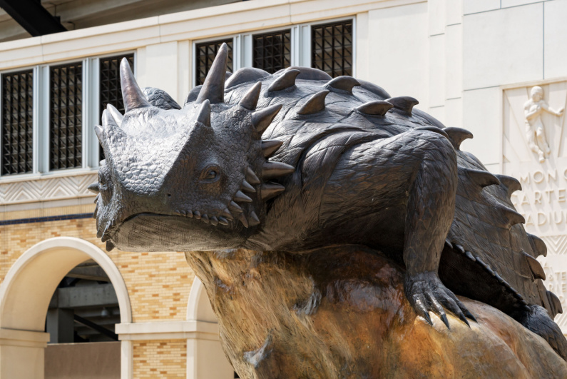 TCU horned frog statue outside the football field