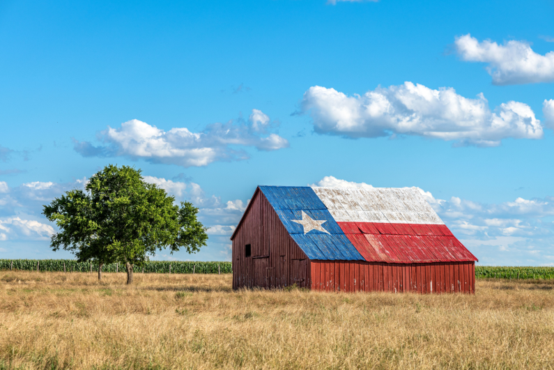 Barn with the roof painted like the Texas flag