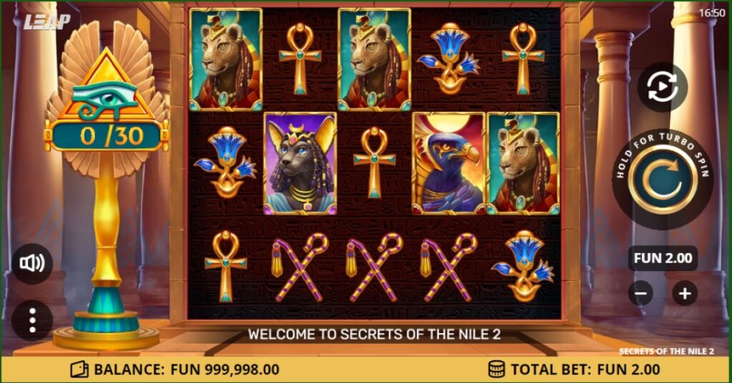 Secrets of the Nile 2 slot reels by Leap Gaming