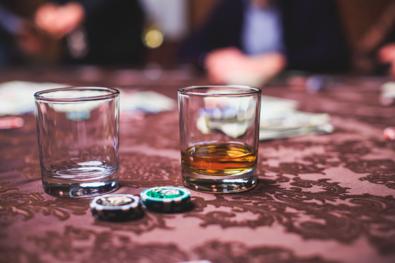 Glasses of alcohol on a casino table
