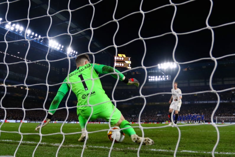 Kepa Arrizabalaga defending a penalty kick