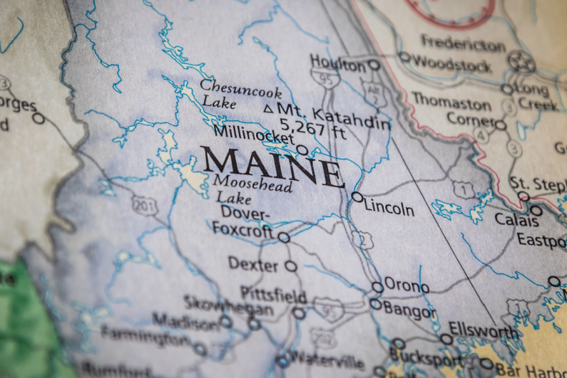 Closeup of Maine on a map