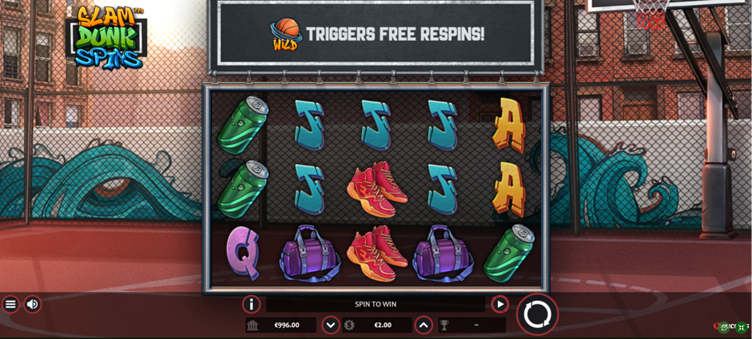 Screenshot from the Slam Dunk Spins slot machine