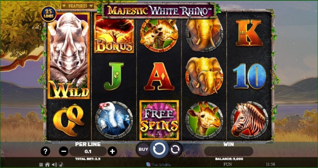 Majestic White Rhino slot reels by Spinomenal