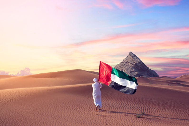 A person holding the flag of the United Arab Emirates