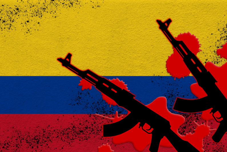 Silhouettes of assault rifles in front of Colombian flag