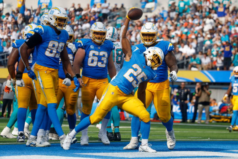 Los Angeles Chargers players celebrating a touchdown