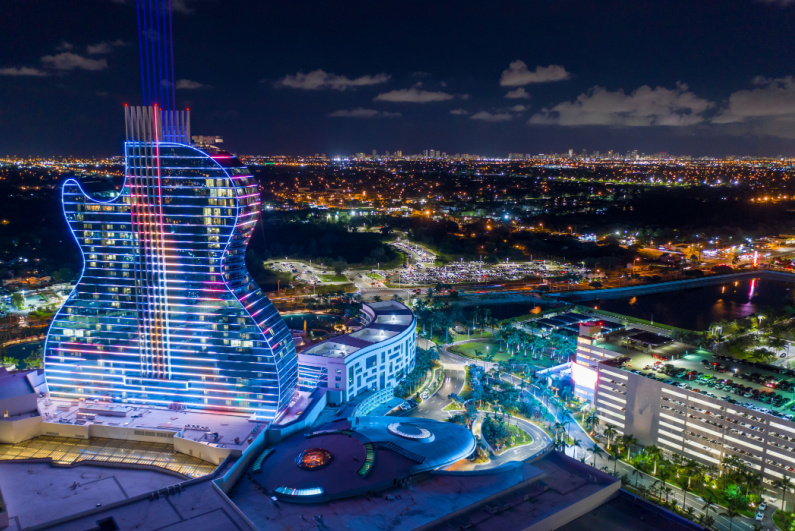 Guitar-shaped hotel at Seminole Hard Rock in Hollywood Florida