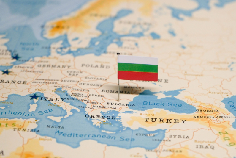 Bulgarian flag pin on a map
