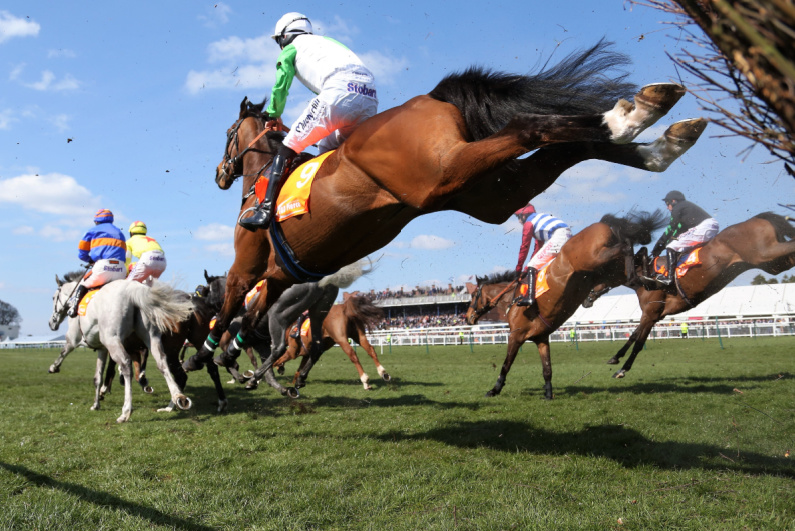 Horses going over jump during race