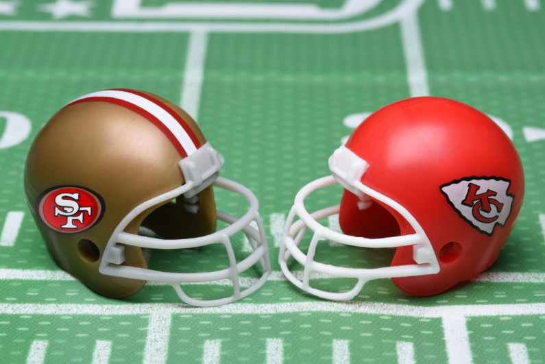 49ers and Chiefs helmets