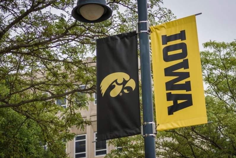 University of Iowa banner on campus