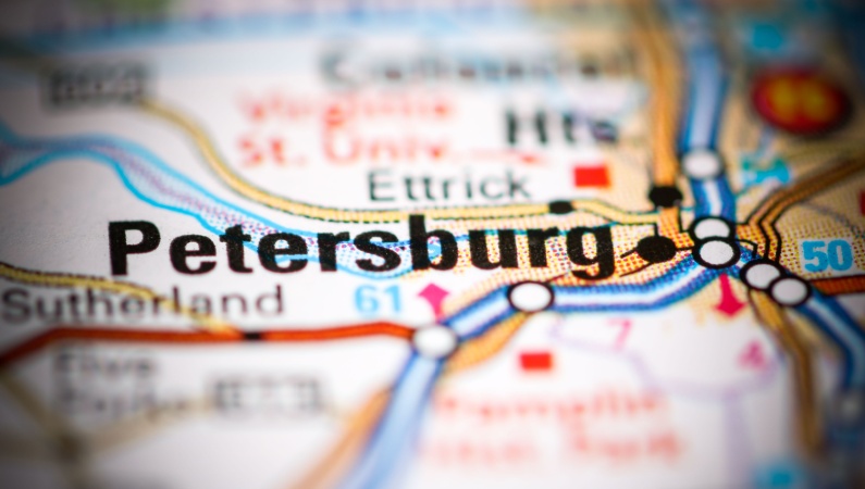 Closeup of Petersburg on a map