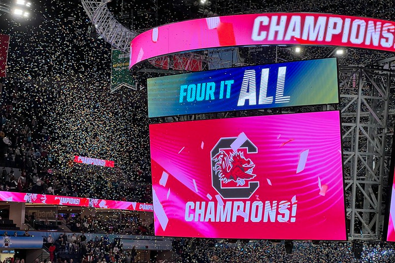 Scoreboard celebrating South Carolina women's college basketball championship in 2022