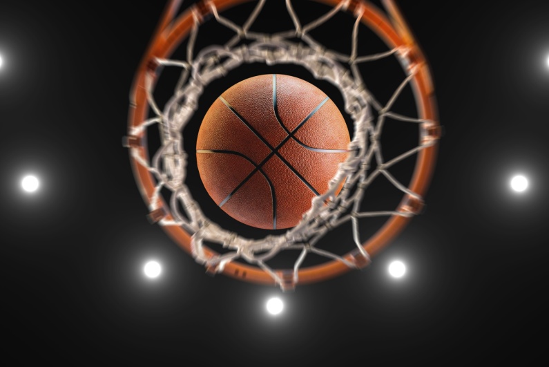 Underneath angle of basketball going through net