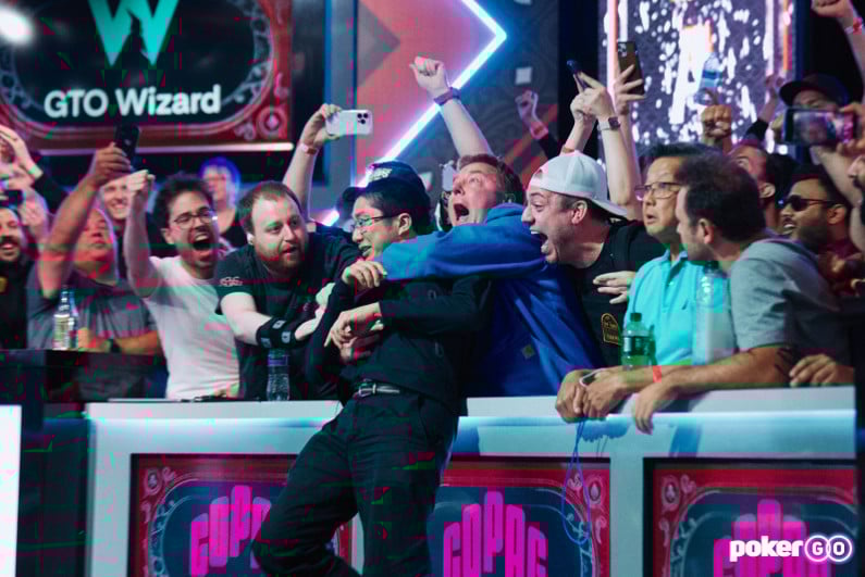 Jonathan Tamayo celebrates with rail at 2024 WSOP Main Event final table