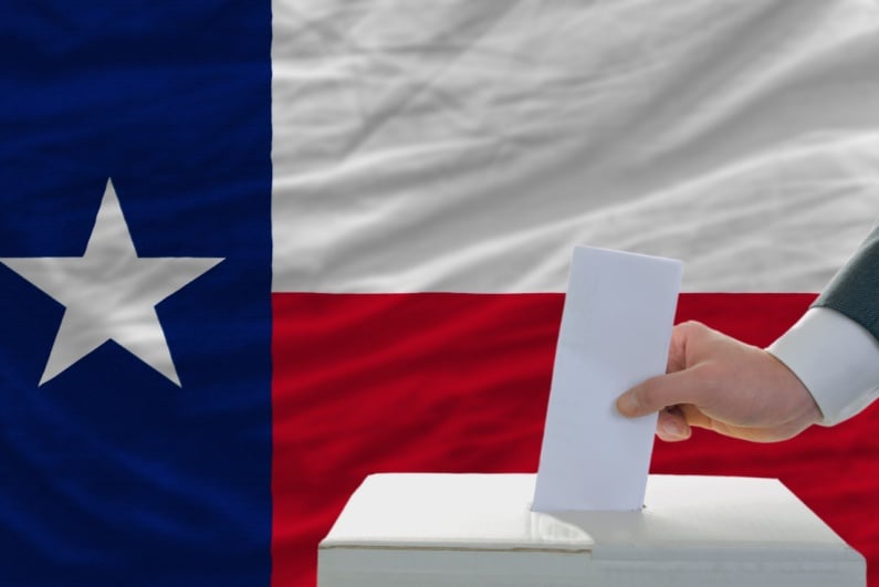Casting a ballot in front of the Texas flag