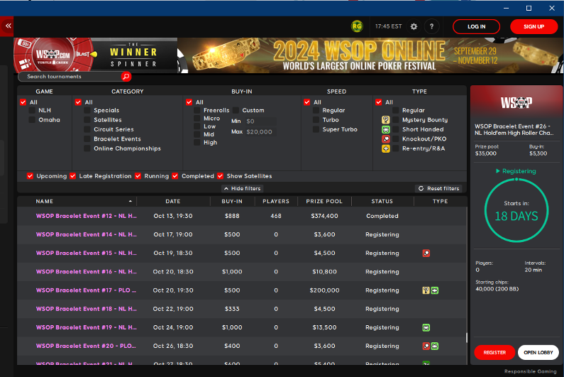 WSOP Online lobby