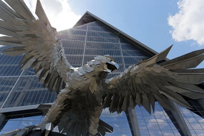 Falcon statue outside Mercedes Benz Stadium in Atlanta
