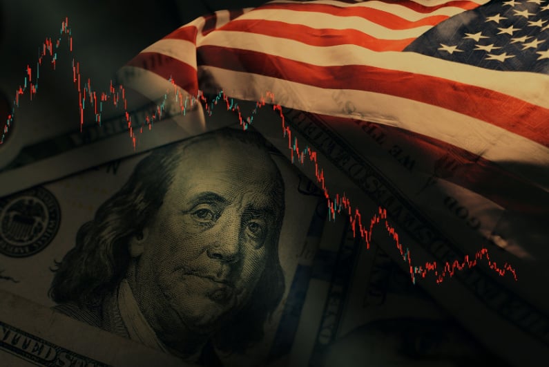 Stock chart superimposed on cash and American flag