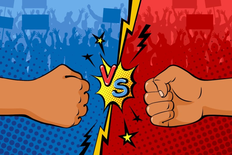 Comic book-style fists facing off