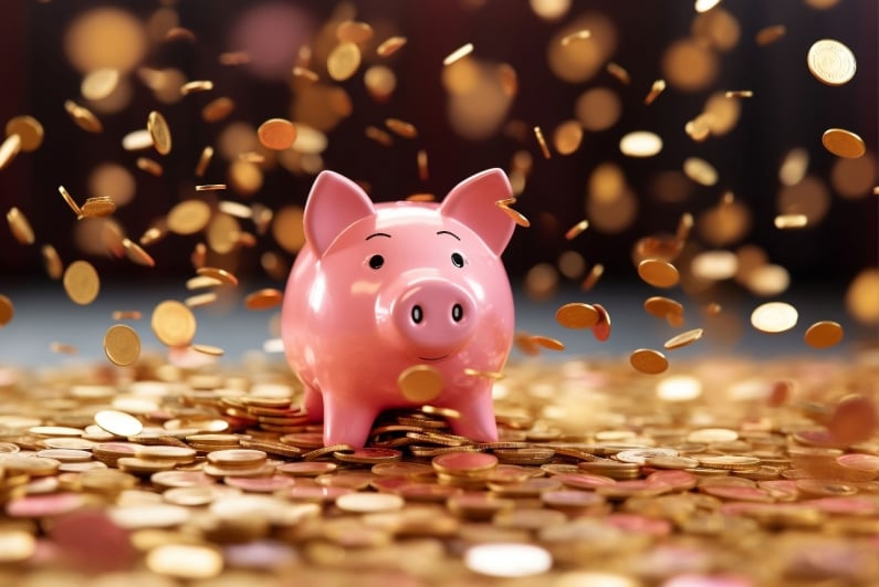 Gold coins raining on piggy bank