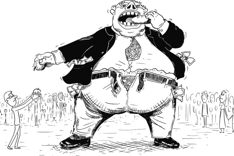Cartoon of fat rich man eating while poor people are begging