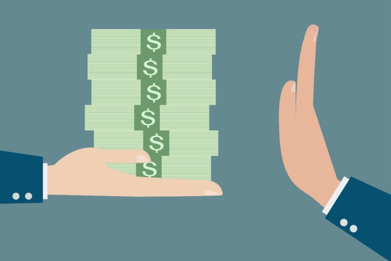 Cartoon of hand rejecting pile of cash