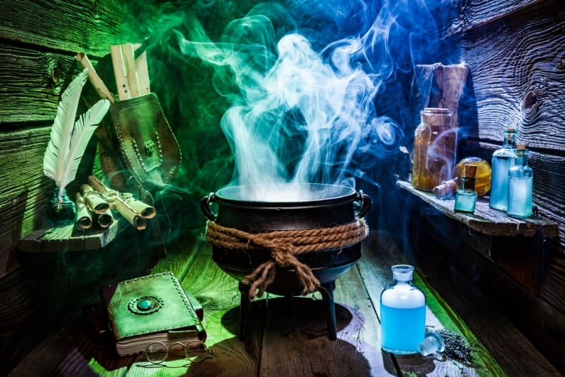 Witch cauldron and potions