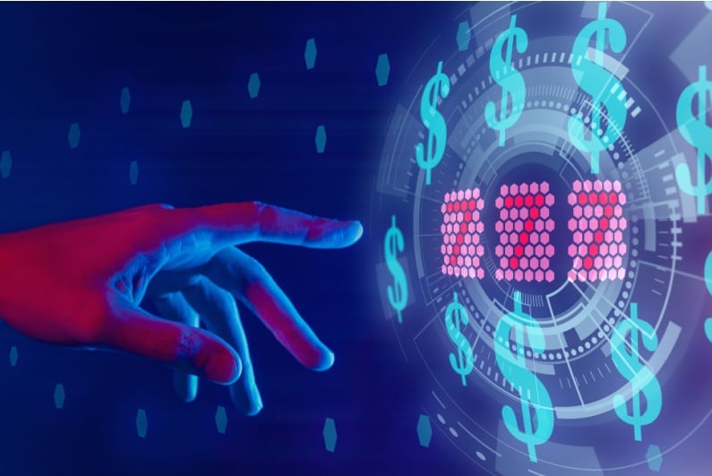 Hand reaching out to holographic 777