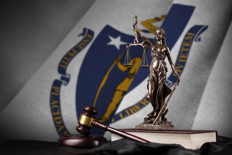 Massachusetts flag and lady justice
