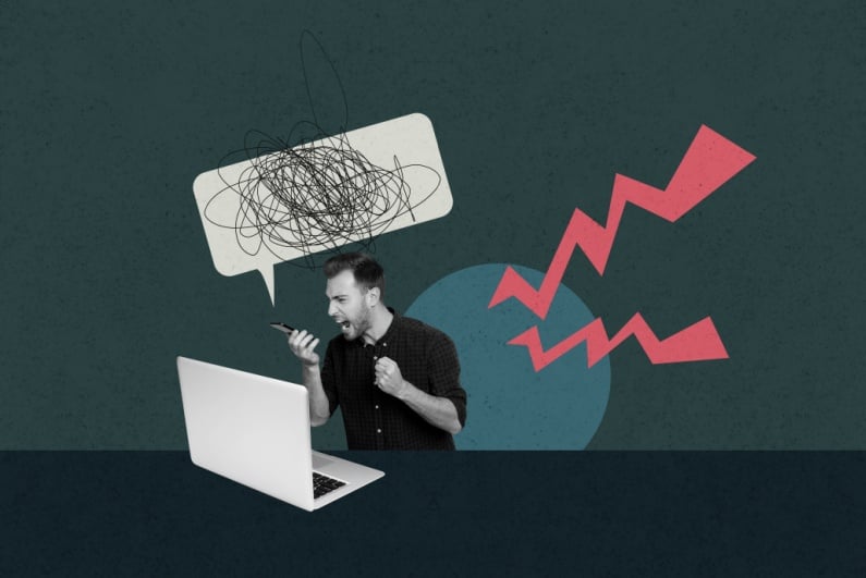 Composite artwork of man at laptop yelling into phone