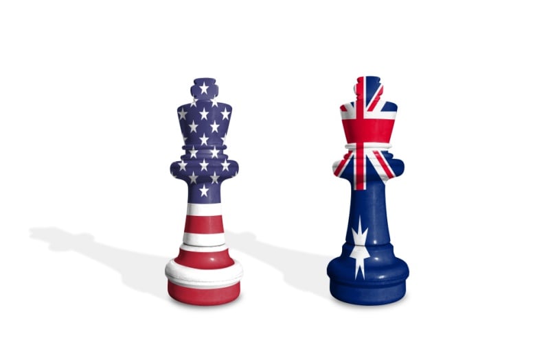 Chess pieces painted like US and Aussie flags