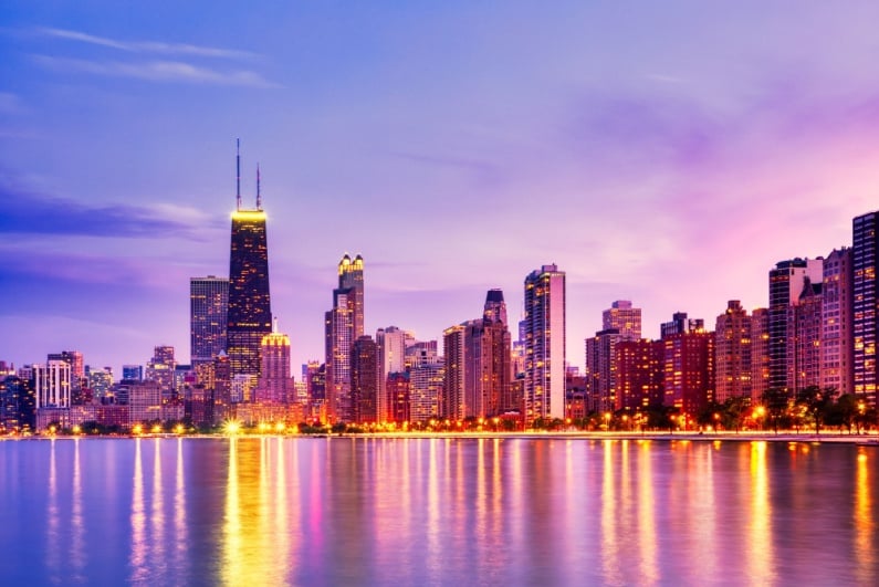Chicago skyline at sunset
