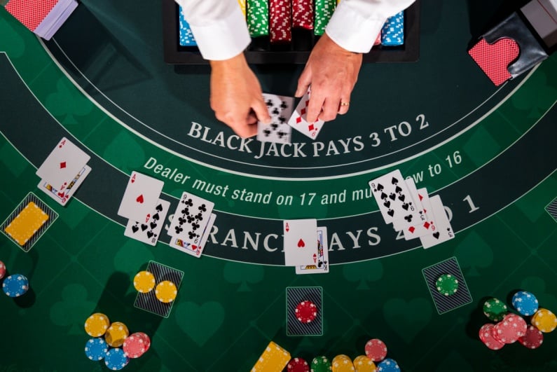 Overhead view of blackjack table