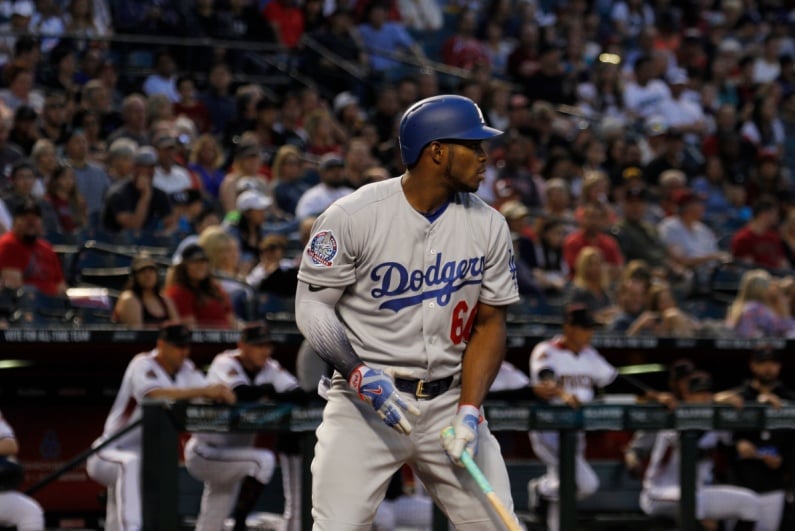 Yasiel Puig playing for the Dodgers
