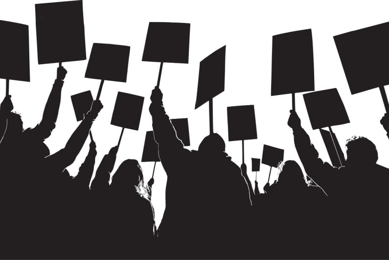 Black and white illustration of protestors