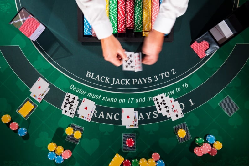 Overhead view of blackjack table