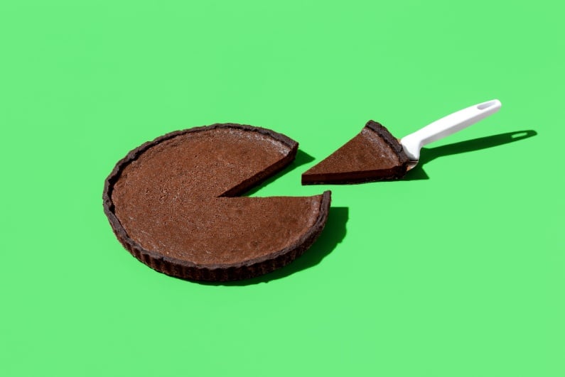 Chocolate pie with piece cut out