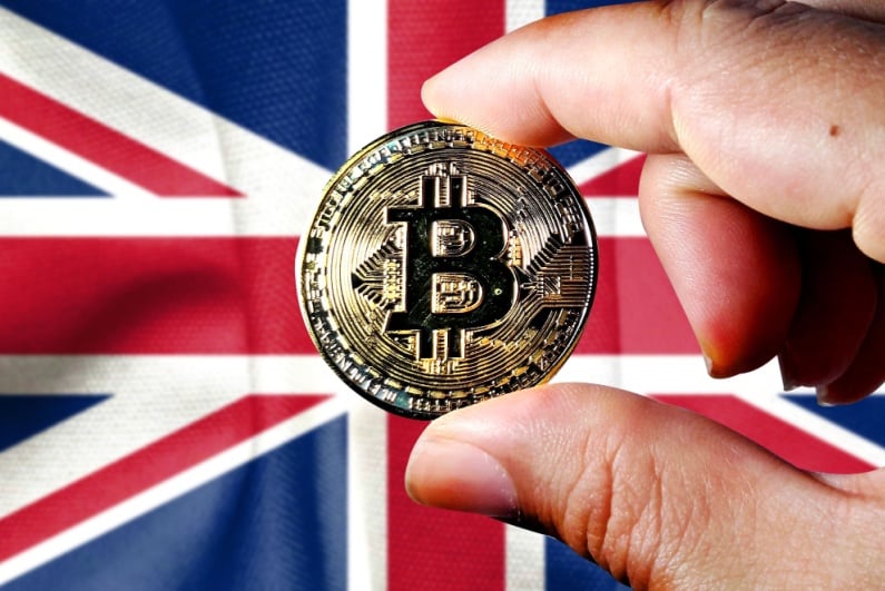 Physical Bitcoin concept with British flag in background