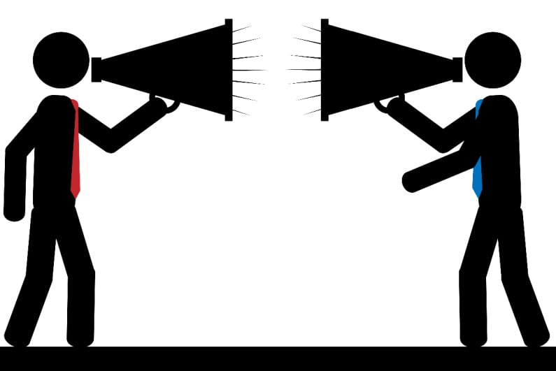 Stick figures yelling at each other through megaphones