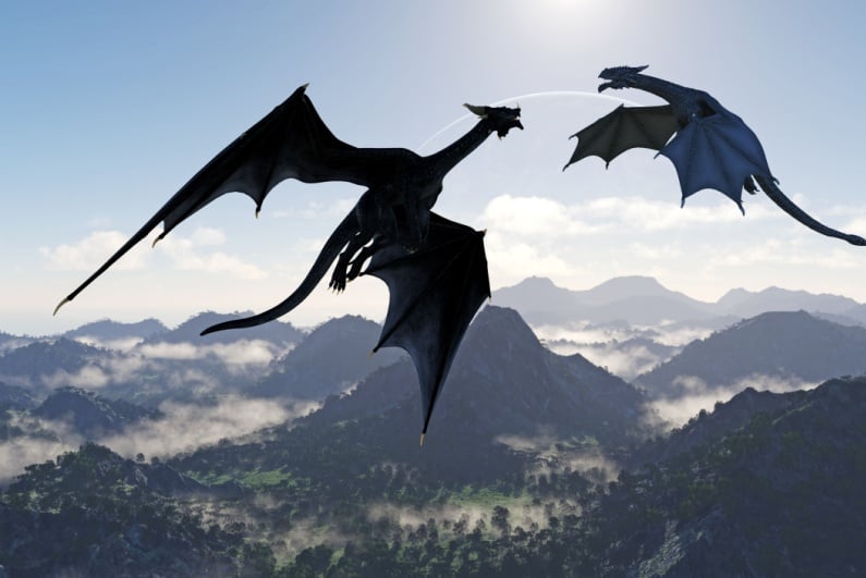 Two dragons flying