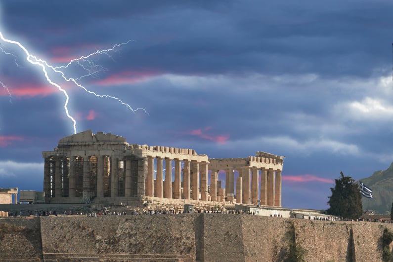 Lightning behind the Parthenon