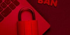 Ban label with lock and laptop