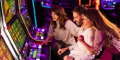 Man and two women celebrating at slot machine