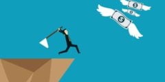 Man chasing flying money off a cliff