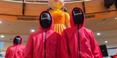 People dressed as Squid Game characters for promo